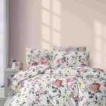 Lenjerie de pat Bujorii pe Alb cu Gry Combinați